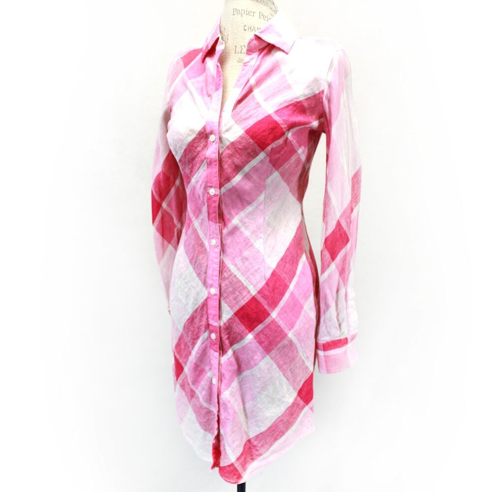 MODA International Pink Plaid Long Sleeve Linen Dolly Shirt Dress Button Size 2